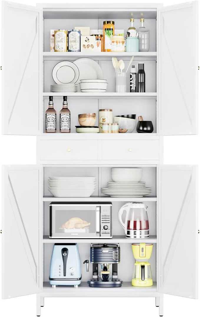 72.9" H Metal Pantry Cabinet, 4 Doors Kitchen Pantry Storage Cabinets with 2 Drawers, for Home Office Bathroom, Required Assembly, White - ModernBath