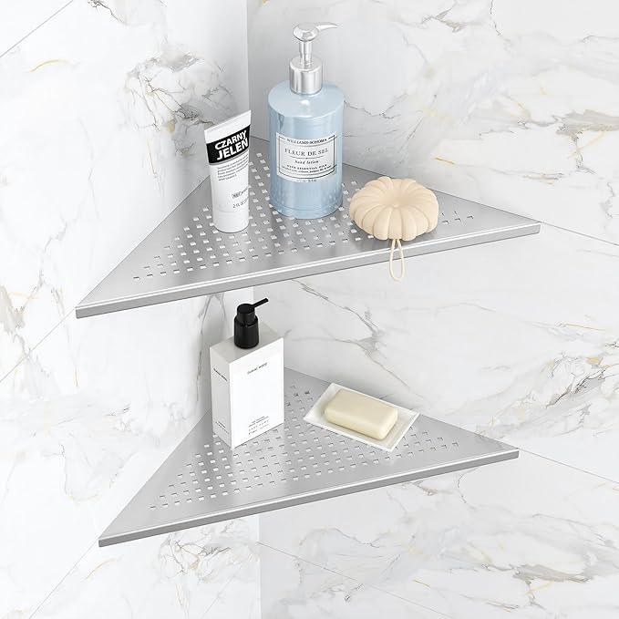 2 Pack Bathroom Corner Shelf, Recessed 12" Corner Shower Shelf, SUS304 Stainless Steel Triangular Wall Mount, No Drilling, Brushed Nickel - ModernBath