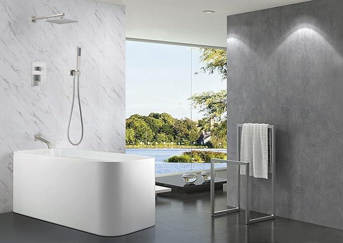 JingGang Brushed Nickel Shower System with Tub Spout Wall Mounted Tub Shower Faucet Set for Bathroom with High Pressure 10" Rain Shower head and Handheld Shower Head Kit - ModernBath