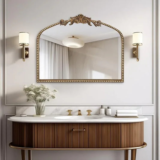 BAODANFU Baroque Arch Mirror for Living Room Wall, 36" X 30" Antique Gold Traditional Cathedral Ornate Beaded Arched Frame Decorative Vanity Mirrors for Mantel Fireplace, Bathroom, Bedroom Decor - ModernBath