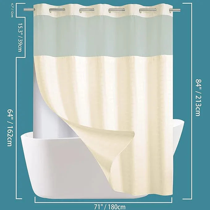 Conbo Mio Extra Long No Hook Shower Curtain with Snap in Liner Set, Hotel Luxury Beige Shower Curtains for Bathroom with See Through Top Window, Waterproof, Washable 71W x 84H - ModernBath