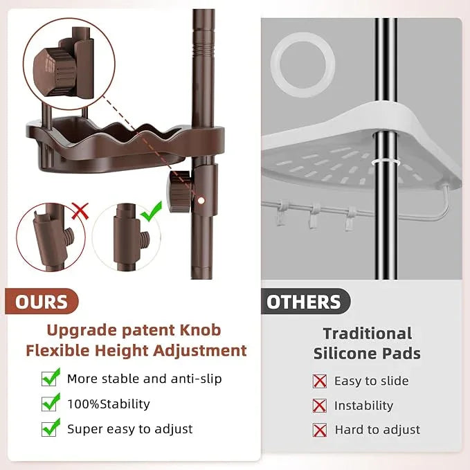 32-122inch Corner Shower Caddy Tension Pole Brown, Rustproof Drill-Free Shower Shelves for Bathroom Bathtub Washbasin, Adjustable Shower Organizer with 4 Tier Patent Stable Shelves & Towel Bars - ModernBath