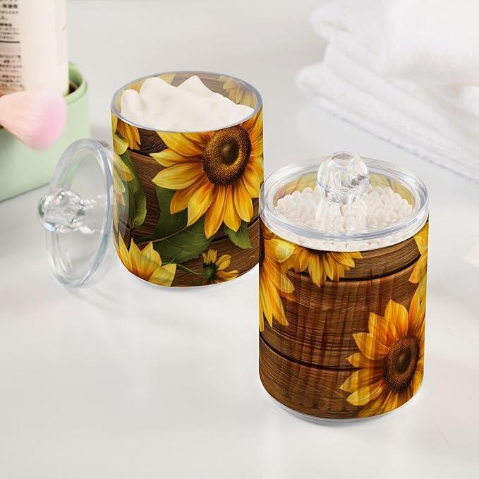 Tatenale Qtip Holder Bathroom Set Q tip Cotton Ball Swab Pad Dispenser Container Organizer Plastic Jars with Lids Storage 2Pack Yellow Sunflower Butterfly - ModernBath