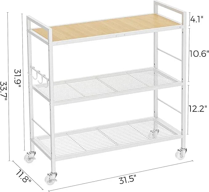3-Tier Metal Storage Rack with Industrial Wheels,Mesh Shelving Unit with Wooden Table top,Adjustable Shelf,31.5-Inch Width, for Kitchen, Laundry,Pantry,Plant,Oak panel and white frame - ModernBath