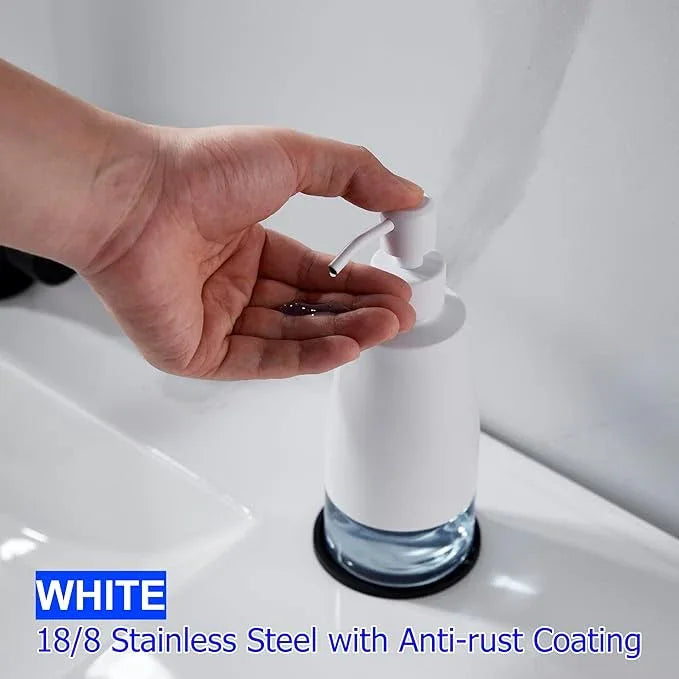 Gaussra White Soap Dispenser with Coaster and Stickers, Stainless Steel and Glass Bottle Hand Pump Dispenser, Refillable Liquid Hand Soap Dispenser for Bathroom & Kitchen (11OZ / 320ML) - ModernBath