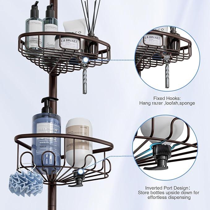 Corner Shower Caddy Tension Pole: Stainless Steel Rustproof 4-Tier Shower Organizer - 47-121 inch Adjustable Bathroom Shelves for Bathtub Shampoo Storage - Tension Rod Floor Standing Bath Rack -Bronze - ModernBath