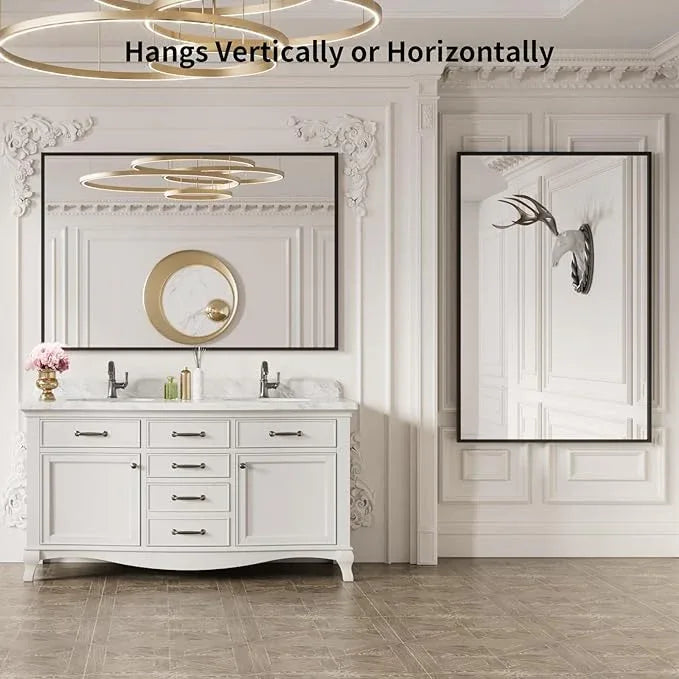 LOAAO 60"X40" Black Rectangle Bathroom Mirror Wall, Matte Black Aluminum Alloy Frame, Tempered Glass, Hangs Vertically or Horizontally, Easy to Install - ModernBath