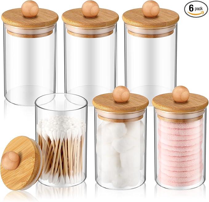 6 Pack Glass Apothecary Jars with Lids Bamboo Bathroom Accessories Cotton Balls Pads Swabs Holder Jar Bathroom Canisters for Vanity Accessories Storage - ModernBath