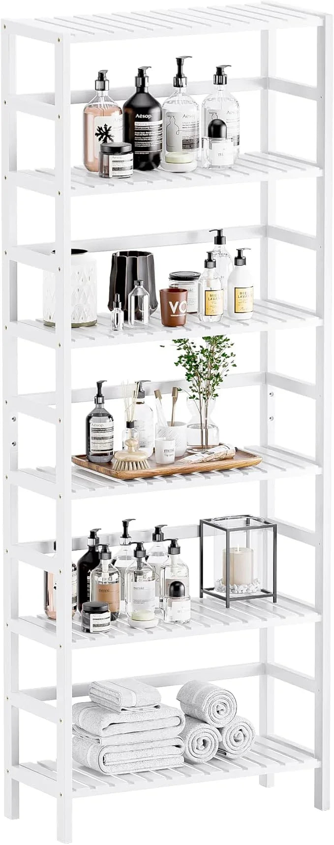 HITNET Bookshelf, 6-Tier Tall Bookcase Freestanding Bamboo Book Shelf Bathroom Storage Organizer with Adjustable Shelves, White - ModernBath