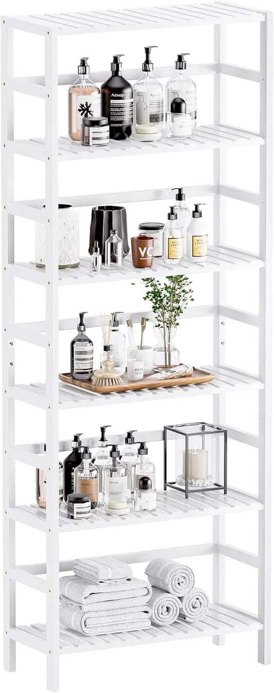HITNET Bookshelf, 6-Tier Tall Bookcase Freestanding Bamboo Book Shelf Bathroom Storage Organizer with Adjustable Shelves, White - ModernBath