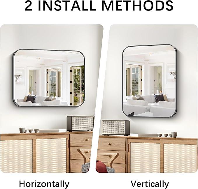CIVENO Bathroom Mirror, 30 x 24 inch Metal Framed Black Rectangle Mirror, Rounded Corner Rectangular Vanity Mirror, Wall Mounted Mirror for Modern Bedroom Living Room Hangs Horizontal or Vertical - ModernBath