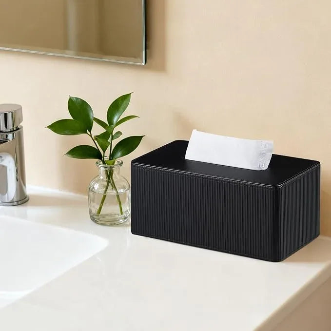 Cretkhp PU Leather Tissue Box Cover Rectangle with Magnetic Closure, Modern Tissue Box Holder for Bathroom NightStands Livingroom, Decorative Tissue Holder for 120(3-Ply)/160(2-Ply) Tissue Box (Black) - ModernBath