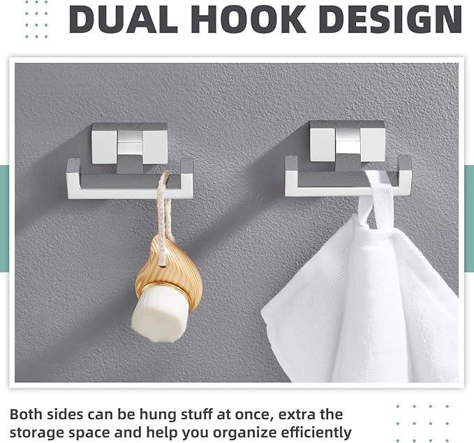 APLusee Double Robe Towel Hook Polished Chrome 2 Pack, 304 Stainless Steel Square Towel Hanger, Minimalist Coat Holder for Modern Bathroom Washroom - ModernBath