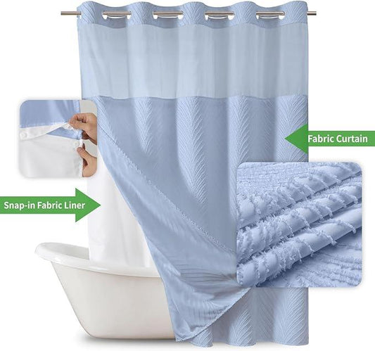 eachope no Hook Shower Curtain and Liner Set，Boho Style with See Through Top Window, Blue Fabric Tufted Striped Textured Outer Curtain & Waterproof Inner Liner, FrostBlue, 71Wx80H - ModernBath