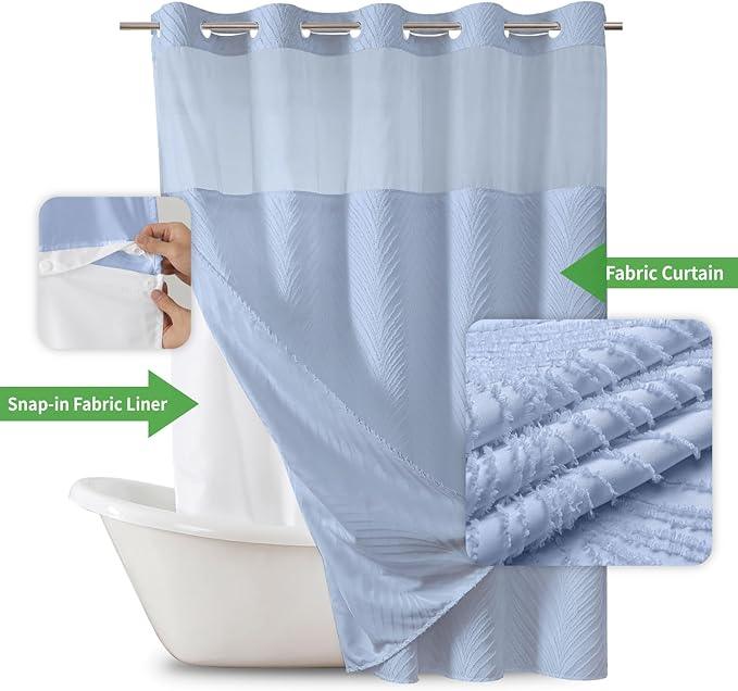 eachope no Hook Shower Curtain and Liner Set，Boho Style with See Through Top Window, Blue Fabric Tufted Striped Textured Outer Curtain & Waterproof Inner Liner, FrostBlue, 71Wx74H - ModernBath