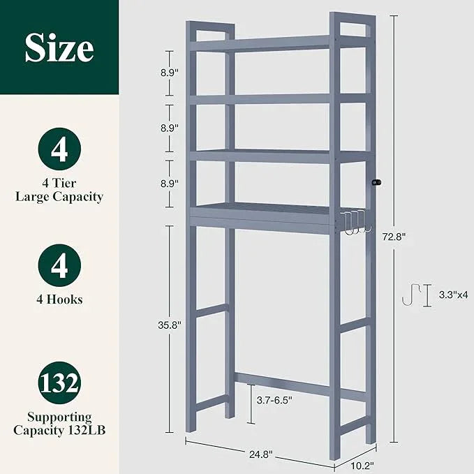 Smiry Over The Toilet Storage Cabinet, 4-Tier Bamboo Bathroom Organizers with Adjustable Shelf & 4 Hooks, Space Saving Shelf Rack for Bathrooms, Laundry Room, Balcony, Grey - ModernBath