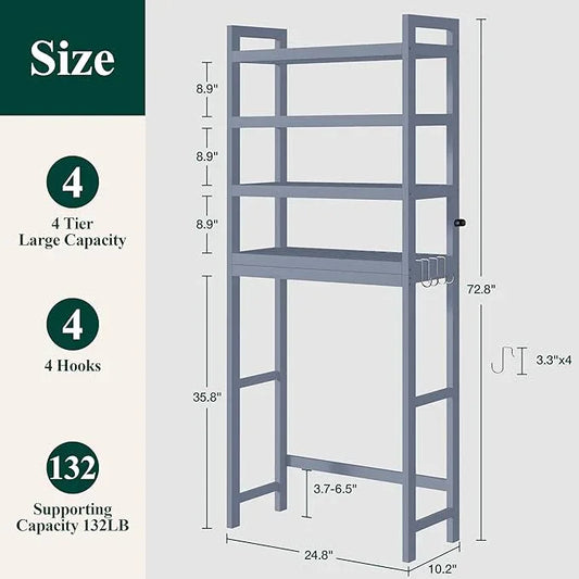 Smiry Over The Toilet Storage Cabinet, 4-Tier Bamboo Bathroom Organizers with Adjustable Shelf & 4 Hooks, Space Saving Shelf Rack for Bathrooms, Laundry Room, Balcony, Grey - ModernBath