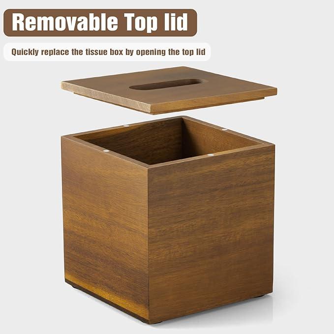 Dreamkey Acacia Wood Tissue Box Cover, Square Tissue Box Holder with Removable Top Lid, Solid Wooden Tissue Box Dispenser for Bathroom, Bedroom, Office - ModernBath