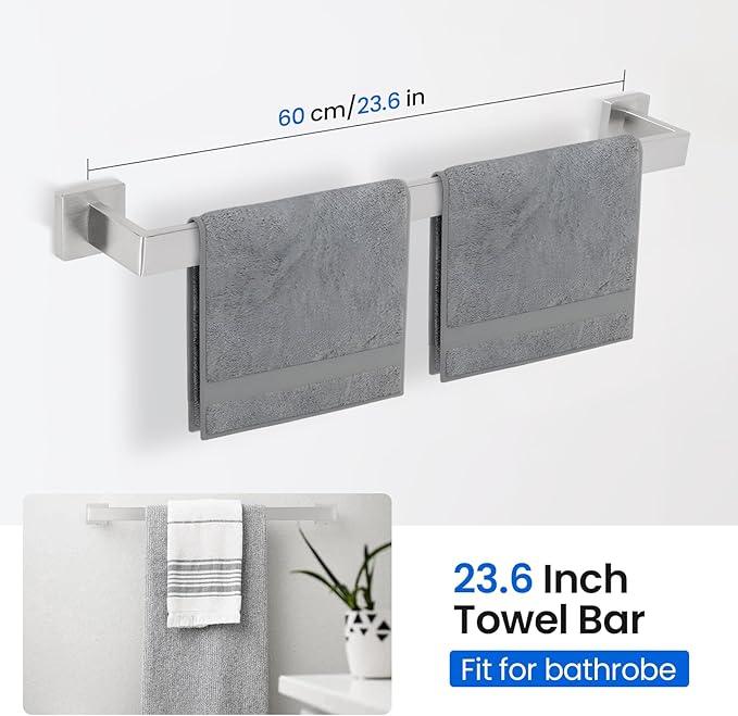 FAHKNS 10 PCS Bathroom Hardware Accessories Set 23.6 Inch Stainless Steel Bath Towel Bar Set Square Towel Ring Set for Bathroom Wall Mounted, Silver - ModernBath