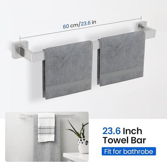 FAHKNS 10 PCS Bathroom Hardware Accessories Set 23.6 Inch Stainless Steel Bath Towel Bar Set Square Towel Ring Set for Bathroom Wall Mounted, Silver - ModernBath