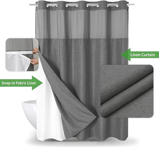 eachope Extra Long No Hooks Needed Linen Textured Shower Curtain with Snap-in Fabric Liner Set,White Hotel Luxury Decor Shower Curtains for Bathroom,Waterproof & Washable,71Wx86H,Charcoal Grey - ModernBath