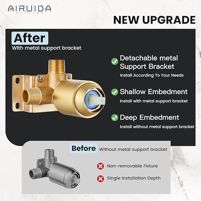 Airuida Shower Faucet Set Bathroom Rain Shower System SUS304 Stainless Steel Single Handle With Male Threads Rough-in Valve Shower Trim Kit 12 Inch Wall Mount Shower Head Brushed Gold - ModernBath