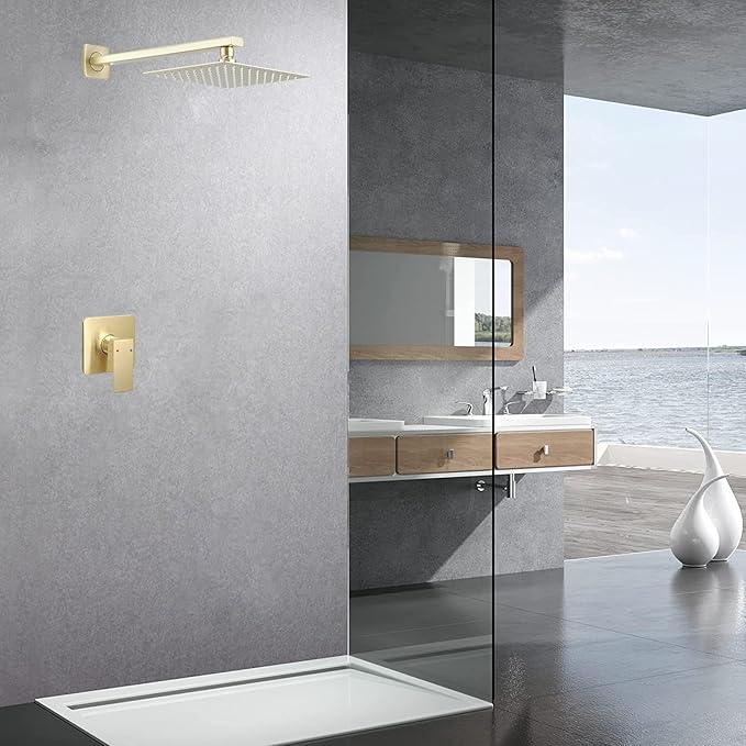 JingGang Brushed Gold Shower Faucet Set Bathroom Luxury Rainfall Shower System with Rain Shower Head Single Function Shower Trim Kit with Rough-in Valve - ModernBath