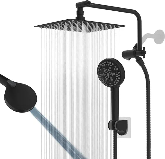 All Metal Black Shower Head, 10" High Pressure Rainfall/Handheld Shower Combo with 11" Extension Arm, 10-Spray Handheld Showerhead, 71" Long Hose, 3-Way Diverter Valve, Matte Black - ModernBath