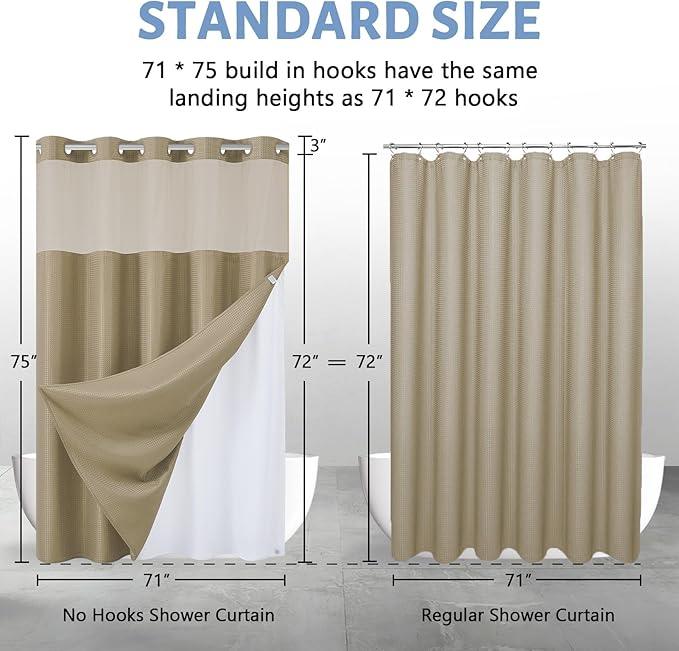 Furlinic Waffle Weave No Hook Shower Curtain with Snap in Fabric Liner Set,Heavy Duty Textured Bathroom Curtain with See Through Window,Waterproof & Machine Washable,Hotel Style,Beige,71x75 Inch - ModernBath
