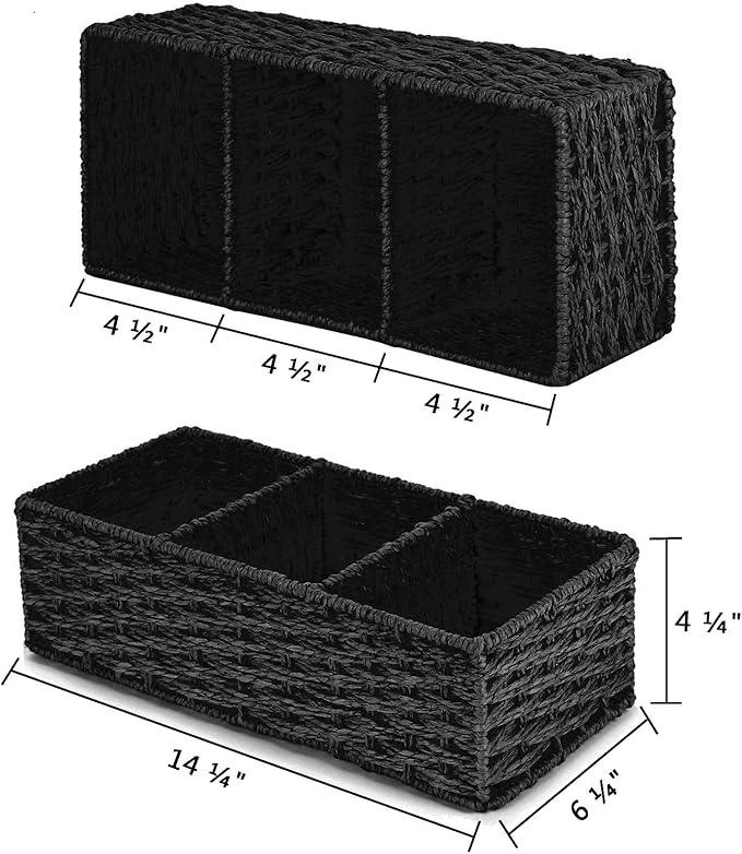 Vagusicc 3 Section Wicker Storage Basket, Hand-Woven Paper Rope Wicker Baskets for Organizing, Toilet Tank Basket, Black Baskets for Bathroom, 2-Pack, Black - ModernBath