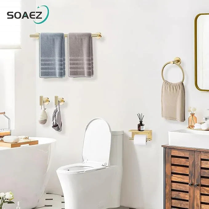 Brushed Gold Bathroom Hardware Set, 5 Pieces Gold Towel Bar Bathroom Accessories, Upgraded Toilet Paper Holder with Shelf Set, 23.6 Inch Towel Rack Towel Holder for Bathroom Wall - ModernBath