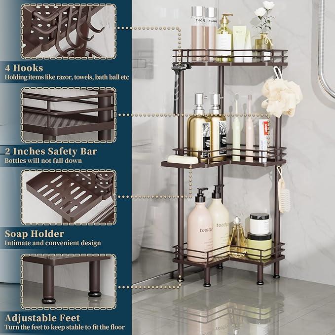 Consumest Corner Shower Caddy Standing - 3-Tier Stainless Steel Shower Organizer with Soap Holder and 4 Hooks, Large Capacity Corner Shelf Stand for Bathroom, Rest Room, Bronze - ModernBath