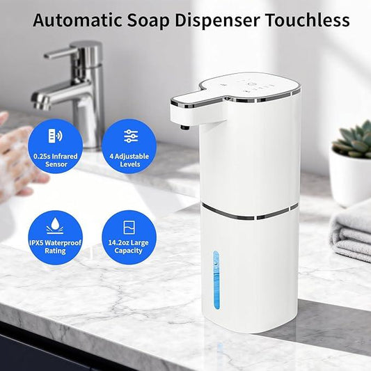 Automatic Foaming Soap Dispenser, Touchless Hand Soap Dispenser, USB Rechargeable, 4 Adjustable Levels, 14.2 oz (420 ml) Large Capacity, for Bathroom, Kitchen & School (White, Foaming) - ModernBath