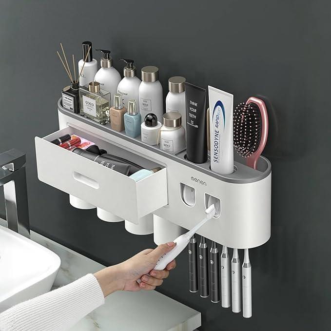 Celsitudo No-Drill Wall Mounted Toothbrush Holder, Bathroom Shelf, with Automatic Toothpaste Dispensers 6 Brush Hooks Magnetic Cups 1 Cosmetic Drawer Organizer and Large Storage (2 Dispensers 4 Cups) - ModernBath