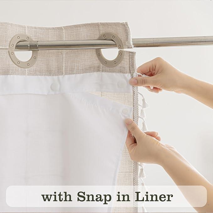 River Dream Farmhouse Linen Shower Curtain with Snap-in Liner, No Hooks Shower Curtain Set, with Tassels for Bathroom Decor,Shower Curtain and Liner, 54x80 Inch - ModernBath