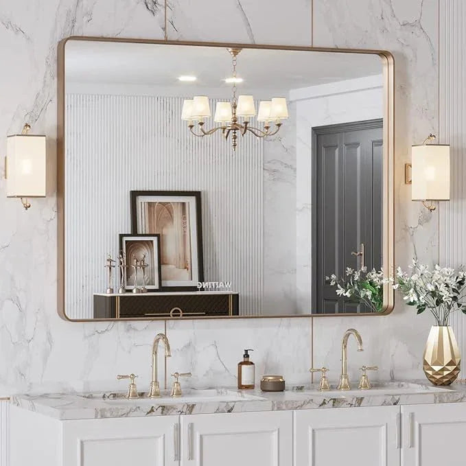 LOAAO 40”X30” Gold Bathroom Mirror, Rounded Rectangle Gold Frame Mirror, Brushed Gold Bathroom Vanity Mirror Wall-Mounted, Anti-Rust, Tempered Glass, Hangs Horizontally or Vertically - ModernBath