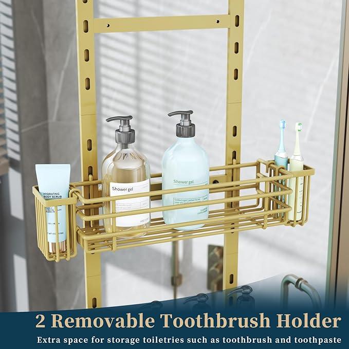 Consumest Over The Door Shower Caddy - 5 Tier Adjustable Shower Organizer Hanging with 2 Toothbrush Holders & 4 Hooks, Rustproof Organizer Shelf, Storage Rack for Bathroom, Gold - ModernBath