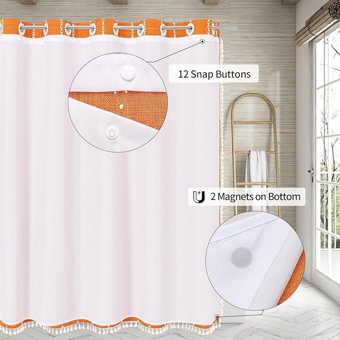 MitoVilla No Hooks Required Orange Boho Shower Curtain with Snap-in Liner, Farmhouse Cotton Linen Fabric Shower Curtains with Tassels for Rustic Neutral Bathroom Decor, Burnt Orange, 72 x 74 - ModernBath