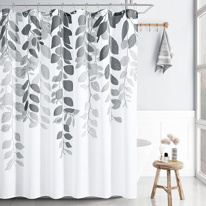 BOODII Long Shower Curtain 72x78, Grey Eucalyptu Shower Curtain for Bathroom Floral Watercolor Leaves Botanical Nature Fabric Bath Curtains Country Plant Cloth - ModernBath