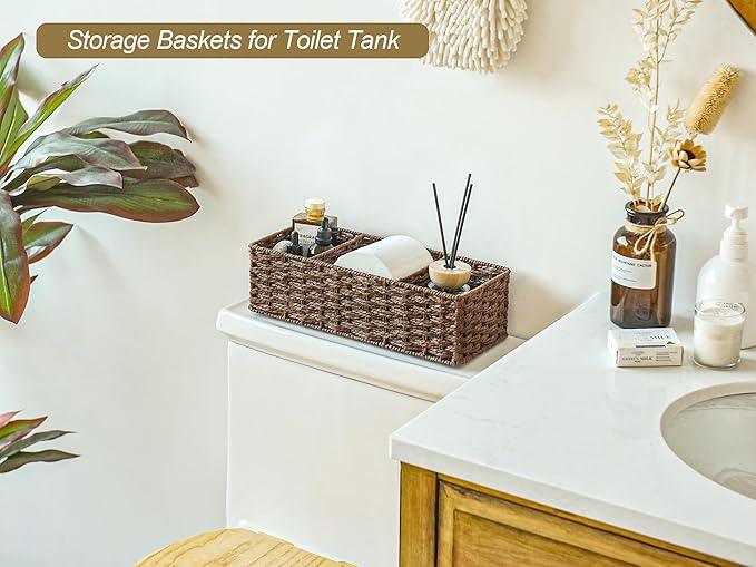 StorageWorks 3-Section Wicker Baskets for Shelves, Hand-Woven Round Paper Rope Storage Baskets, Walnut, 2-Pack - ModernBath