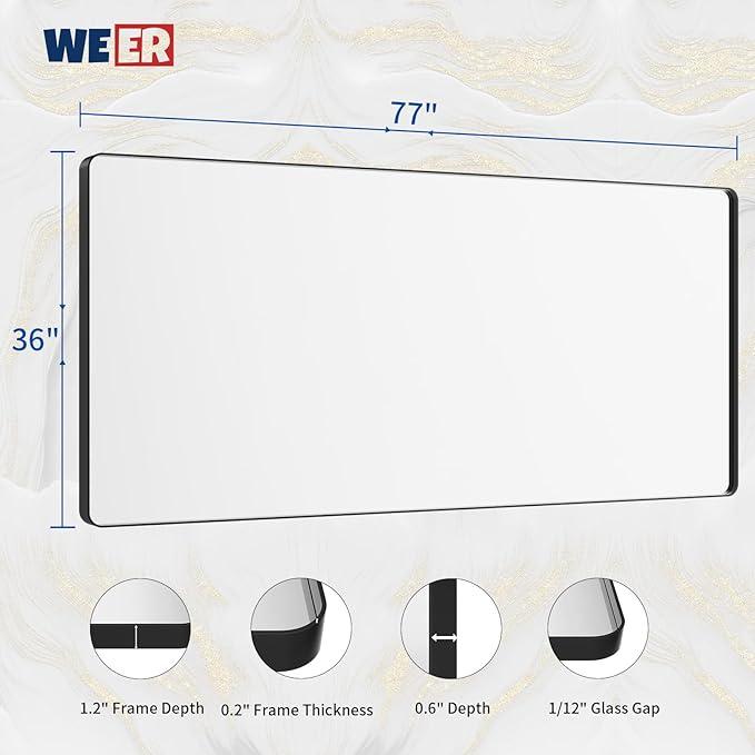 WEER Black Bathroom Mirror for Wall, 77X36 Inch Matte Black Mirror, Rectangular Black Metal Framed Vanity Mirror with Tempered Glass, Rounded Corner, Anti-Rust (Horizontal/Vertical) - ModernBath