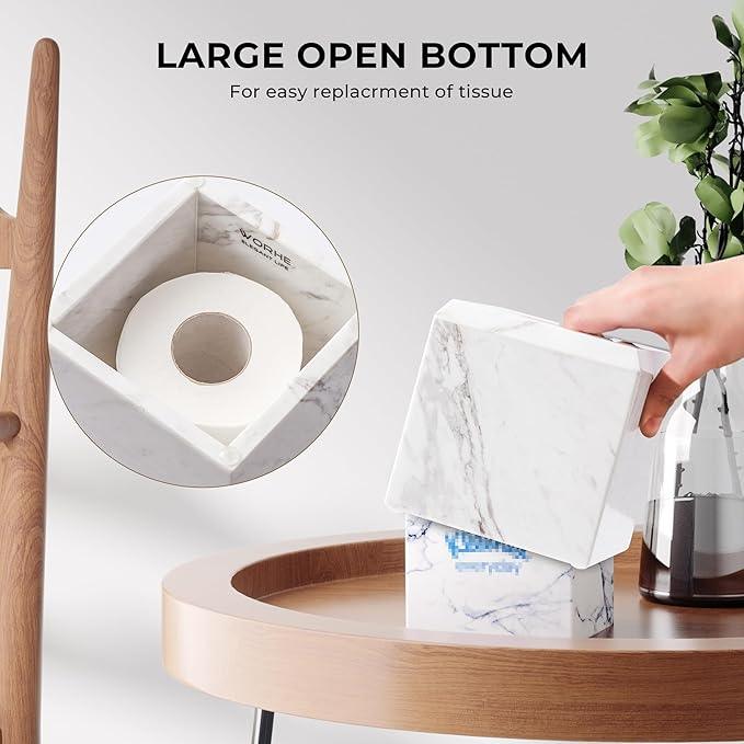 WORHE Tissue Box Cover Italy Natural Marble Heavy Duty Square Facial Toilet Paper Holder for Bathroom Living Room Bedroom Dresser Vanity Kitchen Minimalistic Office Home Decor Jazz White (WH014) - ModernBath