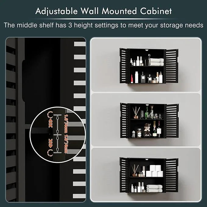 HITNET Black Bathroom Storage Cabinet, Hanging Medicine Cabinet with Adjustable Shelf, Bamboo Over The Toilet Wall Mounted Space Saver Organizer, Double Doors - ModernBath