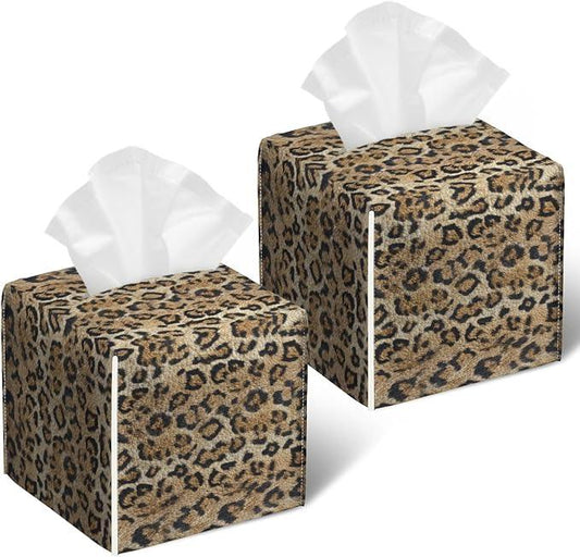 Brown Leopard Tissue Box Cover 2PCS, Leather Tissue Box Holder Square Facial Paper Case Tissue Box Cube Organizer for Bathroom Bedroom Desk Office - ModernBath