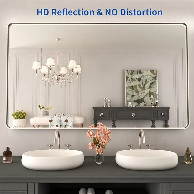 WEER 50X30 Inch Brushed Nickel Bathroom Mirror, Brushed Silver Metal Frame Mirror, Rounded Rectangle Silver Bathroom Vanity Mirror, Tempered Glass, Anti-Rust, Hangs Horizontally or Vertically - ModernBath