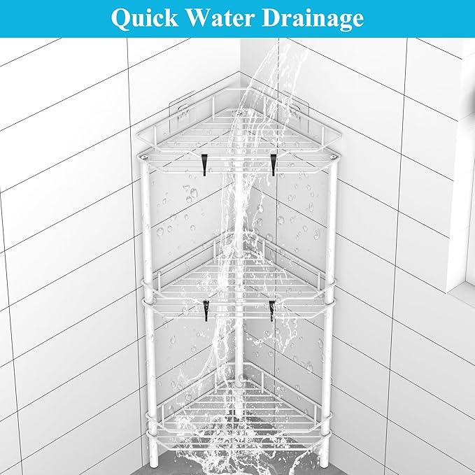 3 Tier Floor Standing Corner Shower Caddy Organizer Shelf with Hooks, Bathroom Shelves Stand Rack, White - ModernBath