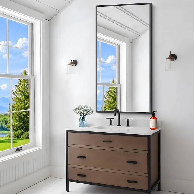 BONEWEI Bathroom Mirror,24x48 inch Wall Mirror for Bathroom Wall Mounted Black Rectangle Square Corner Mirrors, Black Bathroom Mirror for Living Room, Farmhouse, Bedroom Entryway, Horizontal/Vertical - ModernBath