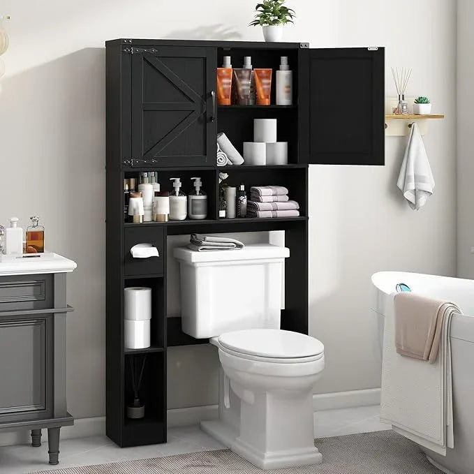 Vabches Over The Toilet Storage Cabinet, Farmhouse Storage Cabinet Over Toilet with 2 Barn Doors && Toilet Paper Holder Stand，Home Space-Saving Toilet Rack, for Laundry, Restroom, Bathroom.Pure Black - ModernBath