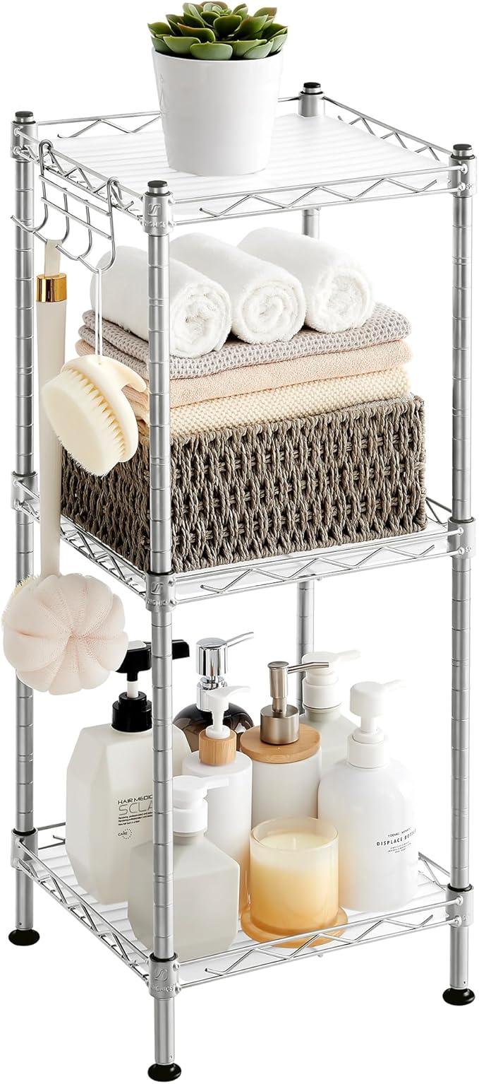 SONGMICS 3-Tier Bathroom Shelf, Storage Rack for Small Space, with 3 PP Shelf Liners, Removable Hook, Extendable Design, Silver and Translucent ULGR103E01 - ModernBath