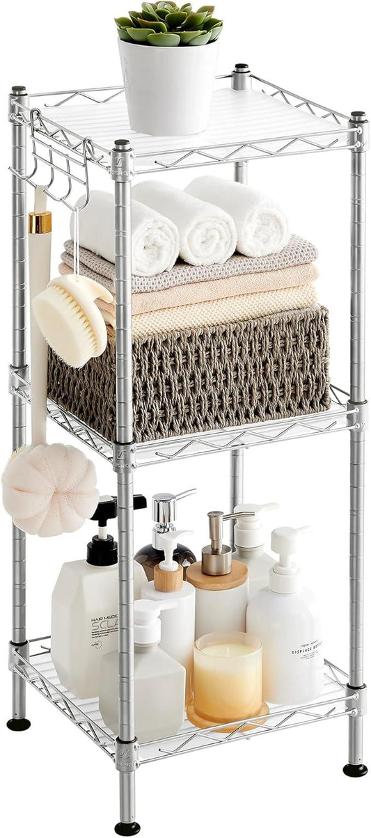 SONGMICS 3-Tier Bathroom Shelf, Storage Rack for Small Space, with 3 PP Shelf Liners, Removable Hook, Extendable Design, Silver and Translucent ULGR103E01 - ModernBath